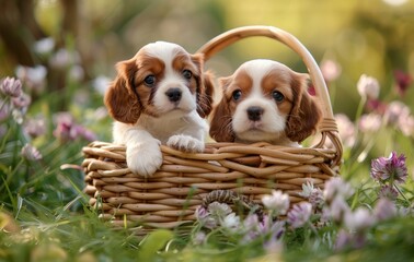 Two cavalier king charles spaniel puppies are sitting in a basket in a field of flowers