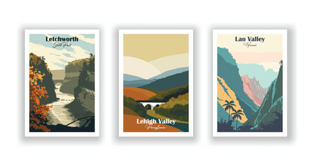 Iao Valley, Hawaii, Lehigh Valley, Pennsylvania, Letchworth State Park - Vintage travel poster. Vector illustration. High quality prints