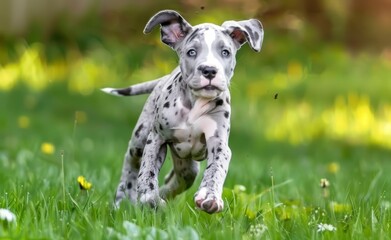 A great dane puppy is running through a field of grass - obrazy, fototapety, plakaty