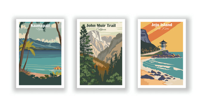 Jeju Island, South Korea, John Muir Trail, California, Kaanapali, Hawaii - Vintage travel poster. Vector illustration. High quality prints