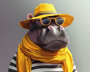 Elegant hippopotamus with stylish neck scarf, sunglasses and sunhat, ready for marine vacations - 788312710