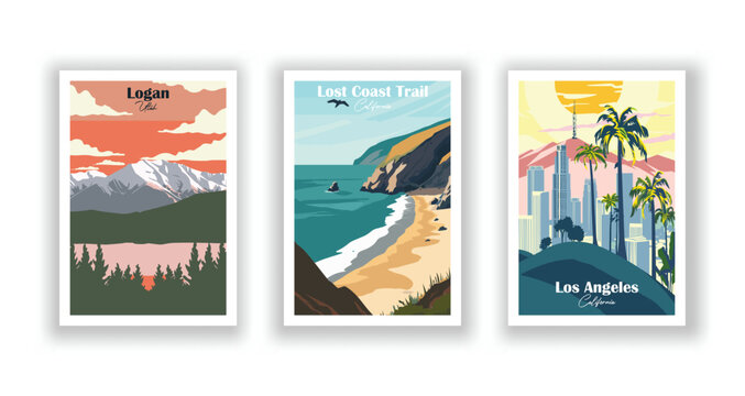 Logan, Utah, Los Angeles, California, Lost Coast Trail, California - Vintage travel poster. Vector illustration. High quality prints
