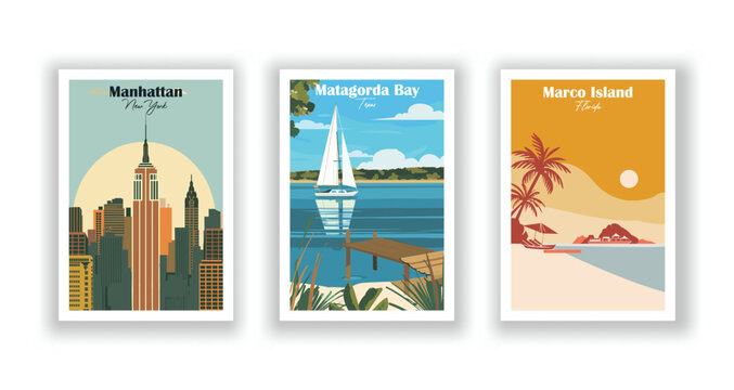 Manhattan, New York, Marco Island, Florida, Matagorda Bay, Texas - Vintage travel poster. Vector illustration. High quality prints