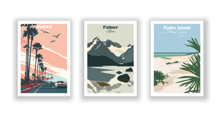 Oxnard, California, Padre Island, National Seashore, Palmer, Alaska - Vintage travel poster. Vector illustration. High quality prints - obrazy, fototapety, plakaty