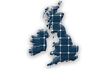 Digital composition - Map of the British Isles and Ireland with photovoltaic solar panels. 