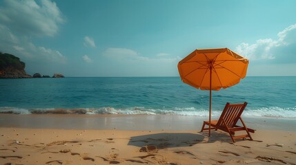 leisurely vibe of a long beach chair and umbrella against a calm ocean backdrop, their inviting allure captured in cinematic high resolution photography. - obrazy, fototapety, plakaty