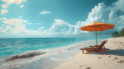 leisurely vibe of a long beach chair and umbrella against a vibrant turquoise beach, their inviting allure captured in realistic 8k full ultra HD resolution. - obrazy, fototapety, plakaty