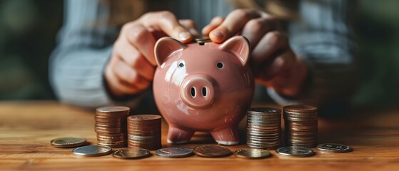 Smart Saving: Strategic Coin Stacking and Piggy Bank Investment. Concept Personal Finance, Money Management, Savings Tips, Investment Strategies, Budgeting Basics
