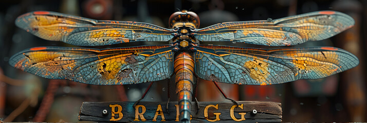 A Large Dragonfly with the Word Dragon on It,
A close up of a dragonfly sitting on a flower with its wings spread 