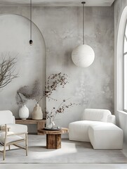 Living room in white colors. Mockup empty light room interior with accents. Design in modern minimalist loft style. Gray sofas, table and microcement plaster background wall. Office trend. 3d render 