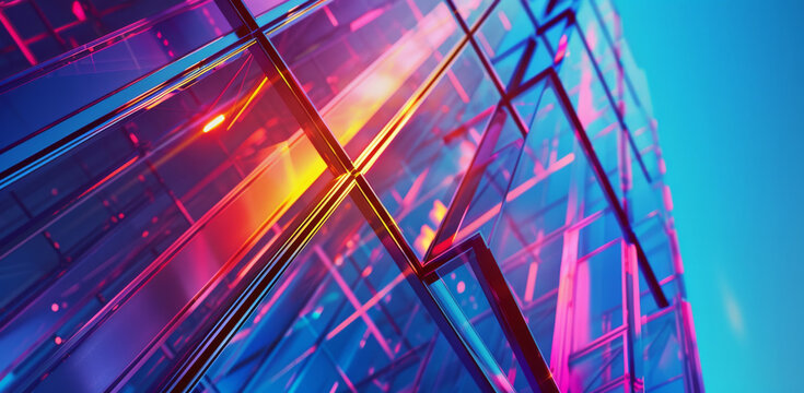 Fototapeta Neon, futuristic and abstract glass with gradient for sci fi or light vortex, creative and crystal in digital cyber pattern. 3D, illustration and graphic design and prism of geometric metaverse