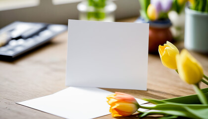 Close up outdoor background with wooden table empty clean mockup paper card and tulip bouquet, bright spring sunny day light. White cardboard table with copy space. - 788313544