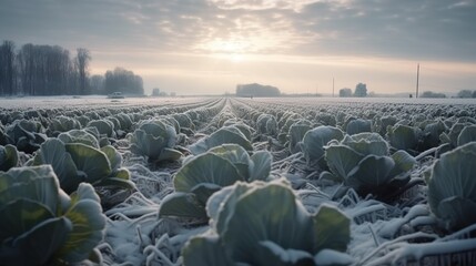 Field with frozen cabbage heads. Spoiled harvest of cole. Frosty weather. Outdoor farm background. - 788313704