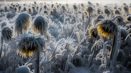 Illustration of snowy field with frozen sunflowers. Spoiled harvest concept. Cold weather outdoor background. - 788313758