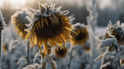 Close up frozen sunflower flower head with rime on petals. Farm field with spoiled crop. Cold weather snowy outdoor background. - 788313790