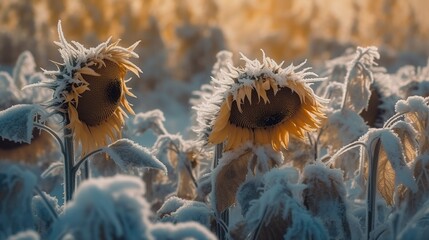 Close up frozen sunflower flower head with rime on petals. Farm field with spoiled crop. Cold weather snowy outdoor background. - 788313791