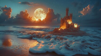 magical allure of a sand castle on the beach, illuminated by the soft glow of moonlight reflecting off the ocean waves, captured in cinematic high resolution photography.