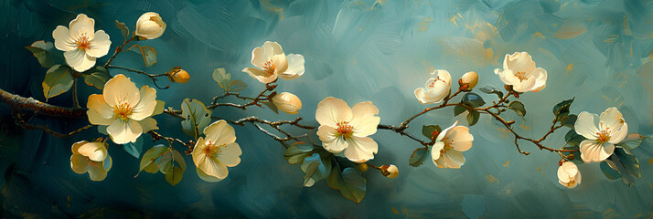 A Painting of a Branch with White Flower,
Subtly textured teal painted flowers dark moody back
