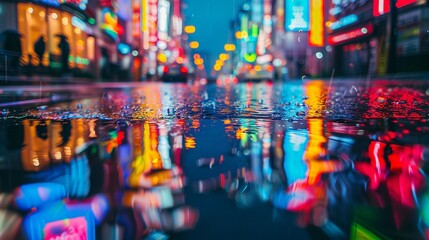 Close-up of neon lights reflected in a rain-soaked street, creating a mesmerizing reflection of color and light.