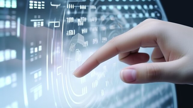 Hand touching virtual panel with code on media screen