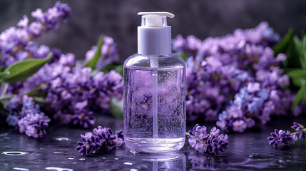 prouct photograph of a clear liquid hand soap in a glasbottle in a bathroom with lots of lavender around, crisp light, lots of lavender, evening mood, film photography, beautiful details.