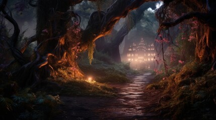 Night view of the fantasy dark forest.