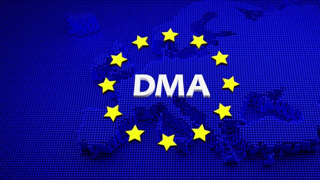 The European Digital Markets Act concept. The letters DMA surrounded by animated yellow stars on blue background showing Europe. Pins representing the digital nature of the legislation.