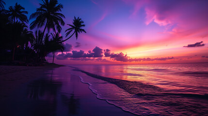 Sunset and Palms on Peaceful Tropical Beach. - 788314723