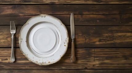 Dinner Setting on Wooden Surface, Knife Fork and Plate. - 788314732