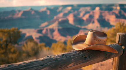 Cowboy Hat on Fence with Grand Canyon. - 788314773