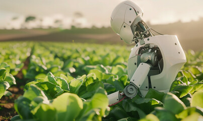 AI Agriculture, artificial intelligence help humans to grow. A robot pick tomatoes in a champ. Collaboration humanoid and humans