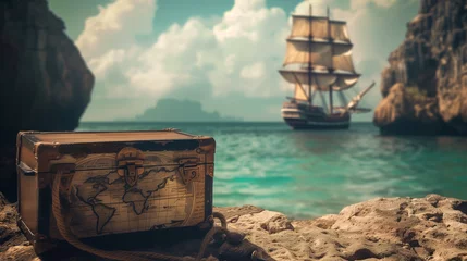 Antique treasure chest with world map, sailboat at sea. © vlntn
