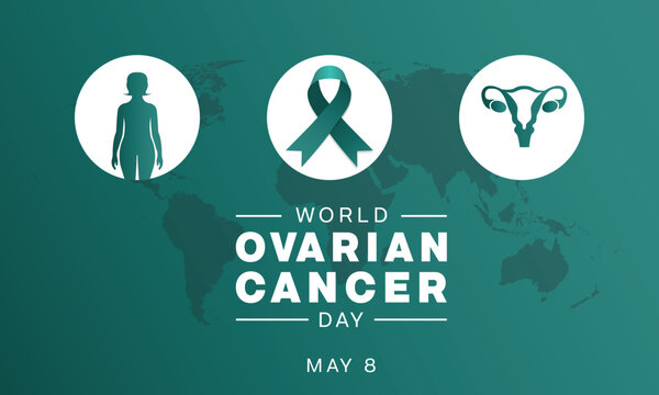 World Ovarian Cancer Day design. It features a woman, an ovary symbol and a teal ribbon. Vector illustration