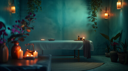 Warm and inviting massage room with soft lighting. - 788314984