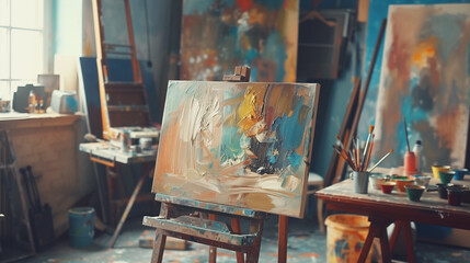 Artist's studio with colorful canvases and creative tools.