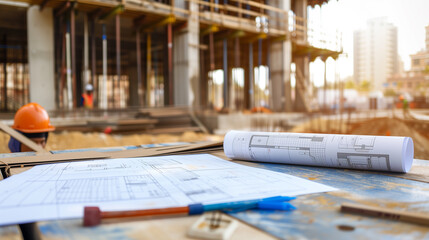 Architectural Plans at a Busy Construction Site. - 788315143