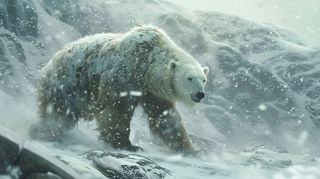a hungry polar bear coming out of his cave against the strong wind and storm