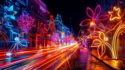 City street at night with colorful neon lights in the shape of Christmas trees , star, flower and house