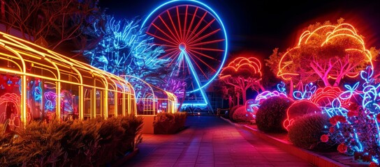 Ferris wheel in the amusement park, as evening approaches, is outlined with neon lights, and neon glows from trees, flowers, and various shops are in a multitude of colors