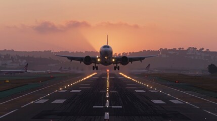 A large jetliner taking off from an airport runway at sunset or dawn with the landing gear down and the landing gear down, as the plane is about to take off