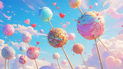 Fotobehang Dreamy skies dotted with whimsical candy balloons and sweet hearts, a fantastical delight of playful serenity © MC-CHUAN