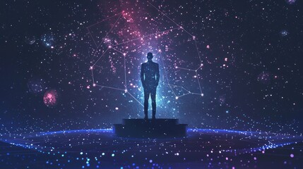 Abstract image of a business man standing behind rostrum in the form of a starry sky or space, consisting of points, and shapes in the form of planets, stars and universe. - obrazy, fototapety, plakaty