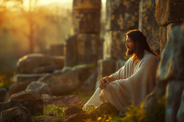 Inside an ancient temple ruins, Jesus sits amidst weathered stones, his countenance bathed in the golden light of sunset, his spirit immersed in intercession for the salvation and - obrazy, fototapety, plakaty