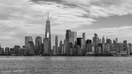 Lower Manhattan city skyline is shown in black and white
