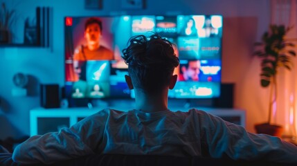 A person using a streaming service, like Netflix or Spotify, which uses AI algorithms to suggest movies, TV shows, or songs based on their viewing and listening history hyper realistic 