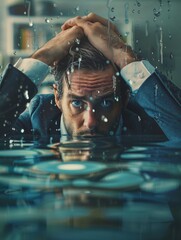 A stressed and desperate businessman submerged by water in his workplace, having a burnout because of excess working, mental load, economic crisis, depression and recession - Panic on Finance 
