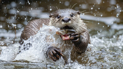 An otter emerging from the water with a freshly caught fish clutched in its jaws, its triumphant expression evident as it prepares to enjoy its meal