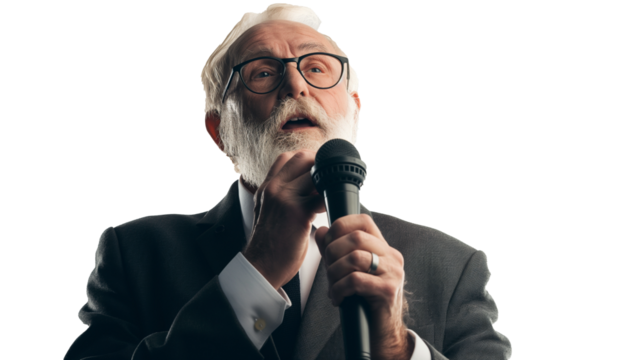 portrait of an old businessman holding microphone isolated on transparent background 