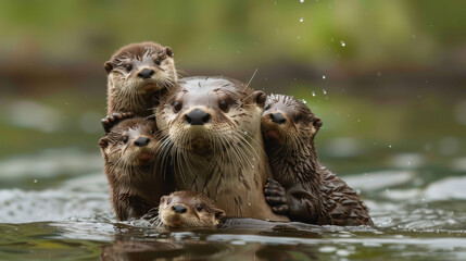 A mother otter teaching her pups how to swim, her patient guidance ensuring they grow up to be strong and confident 