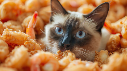 A grumpy Siamese cat reclines amidst a pile of crispy tempura shrimp, casting a displeased look at one shrimp that dares to climb onto its belly. The amusing scene captures the feline's discontent  - obrazy, fototapety, plakaty